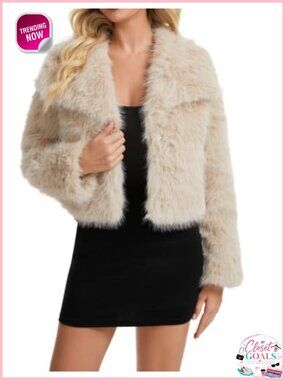 Women's Lapel Faux Fur Coat Fluffy Warm Short Outerwear with Pockets